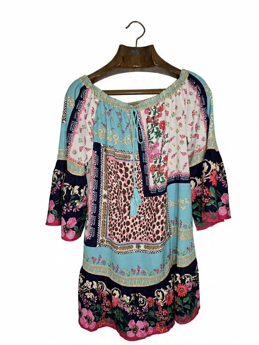 Boho Floral Patchwork Off-Shoulder Tunic Dress Flowy Romantic Hippie Vibe